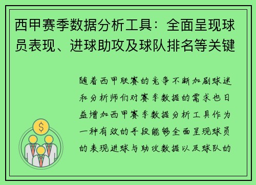 西甲赛季数据分析工具：全面呈现球员表现、进球助攻及球队排名等关键统计信息