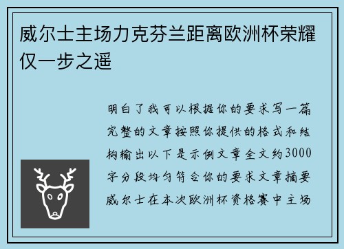 威尔士主场力克芬兰距离欧洲杯荣耀仅一步之遥